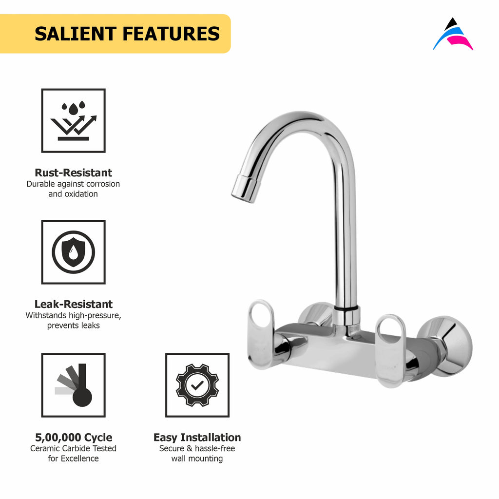 Asiatique Sink Mixer With Swivel ‘J’ Spout Wall Mounted (OR-013), Ornamix Series Brass Faucets & Bath Fittings, Chrome Finish Premium Collection