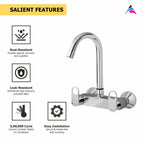Asiatique Sink Mixer With Swivel ‘J’ Spout Wall Mounted (OR-013), Ornamix Series Brass Faucets & Bath Fittings, Chrome Finish Premium Collection