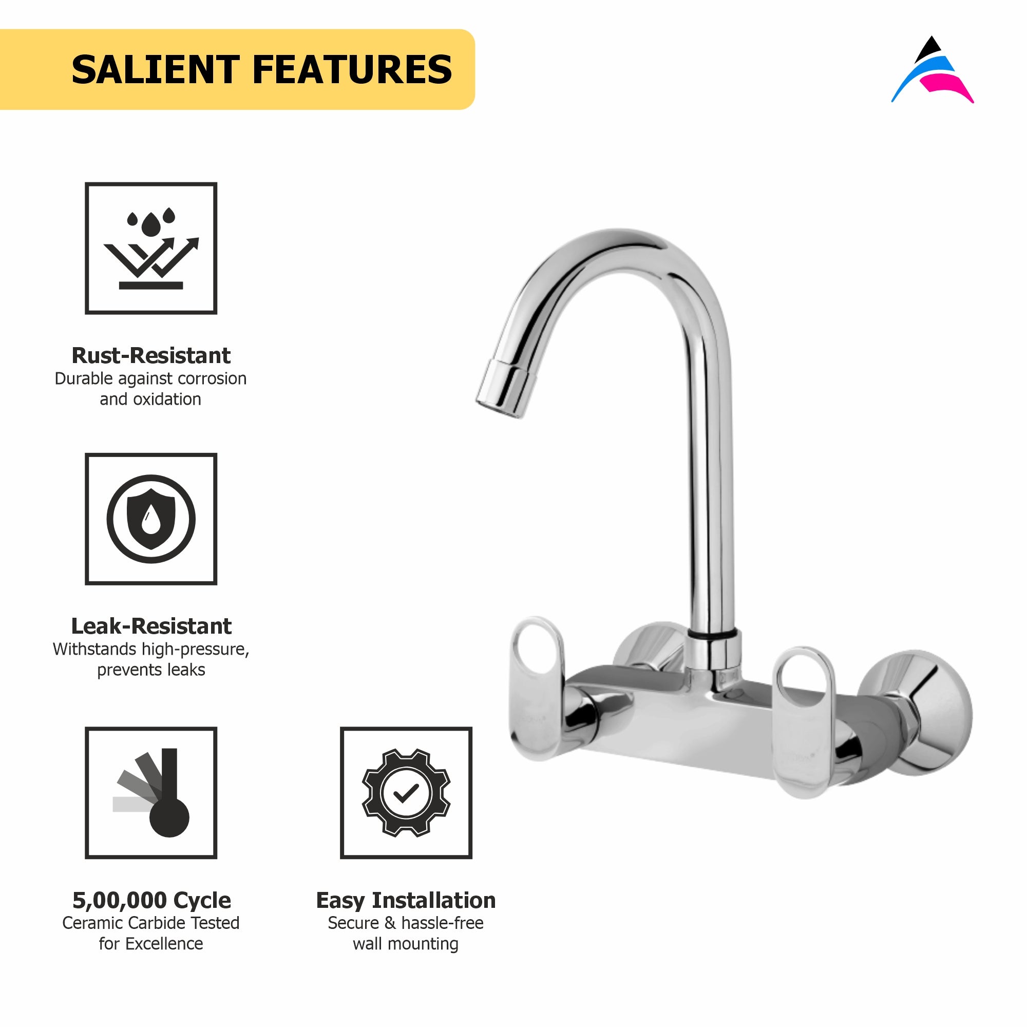 Asiatique Sink Mixer With Swivel ‘J’ Spout Wall Mounted (OR-013), Ornamix Series Brass Faucets & Bath Fittings, Chrome Finish Premium Collection