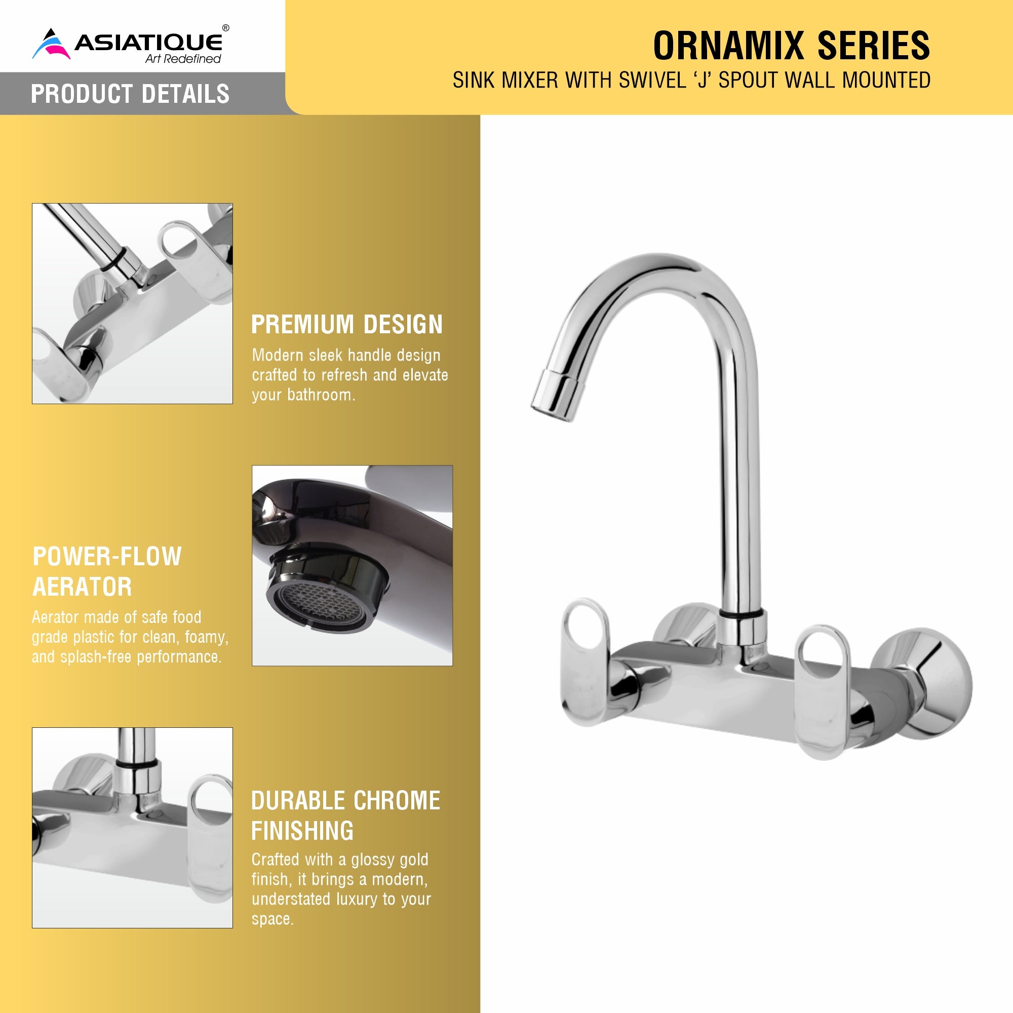 Asiatique Sink Mixer With Swivel ‘J’ Spout Wall Mounted (OR-013), Ornamix Series Brass Faucets & Bath Fittings, Chrome Finish Premium Collection