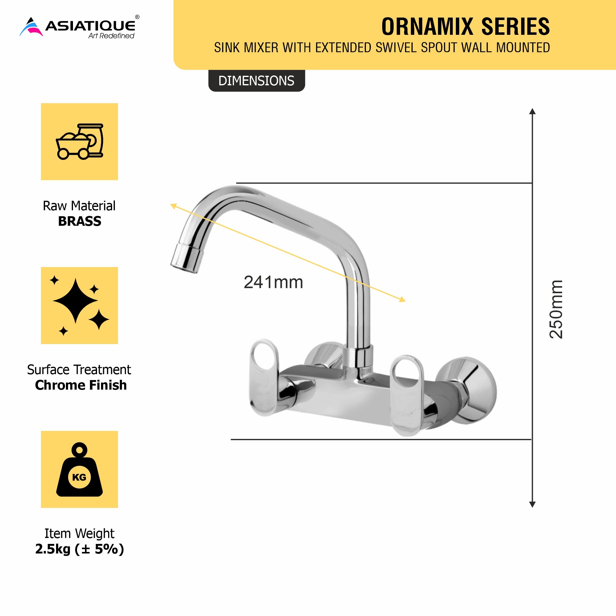 Asiatique Sink Mixer With Extended Swivel Spout Wall Mounted (OR-013EX), Ornamix Series Brass Faucets & Bath Fittings, Chrome Finish Premium Collection