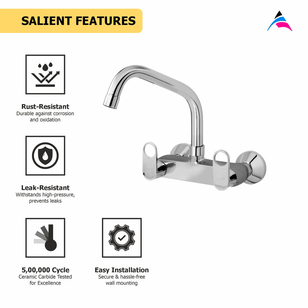 Asiatique Sink Mixer With Extended Swivel Spout Wall Mounted (OR-013EX), Ornamix Series Brass Faucets & Bath Fittings, Chrome Finish Premium Collection