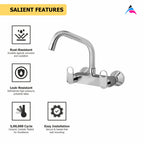 Asiatique Sink Mixer With Extended Swivel Spout Wall Mounted (OR-013EX), Ornamix Series Brass Faucets & Bath Fittings, Chrome Finish Premium Collection