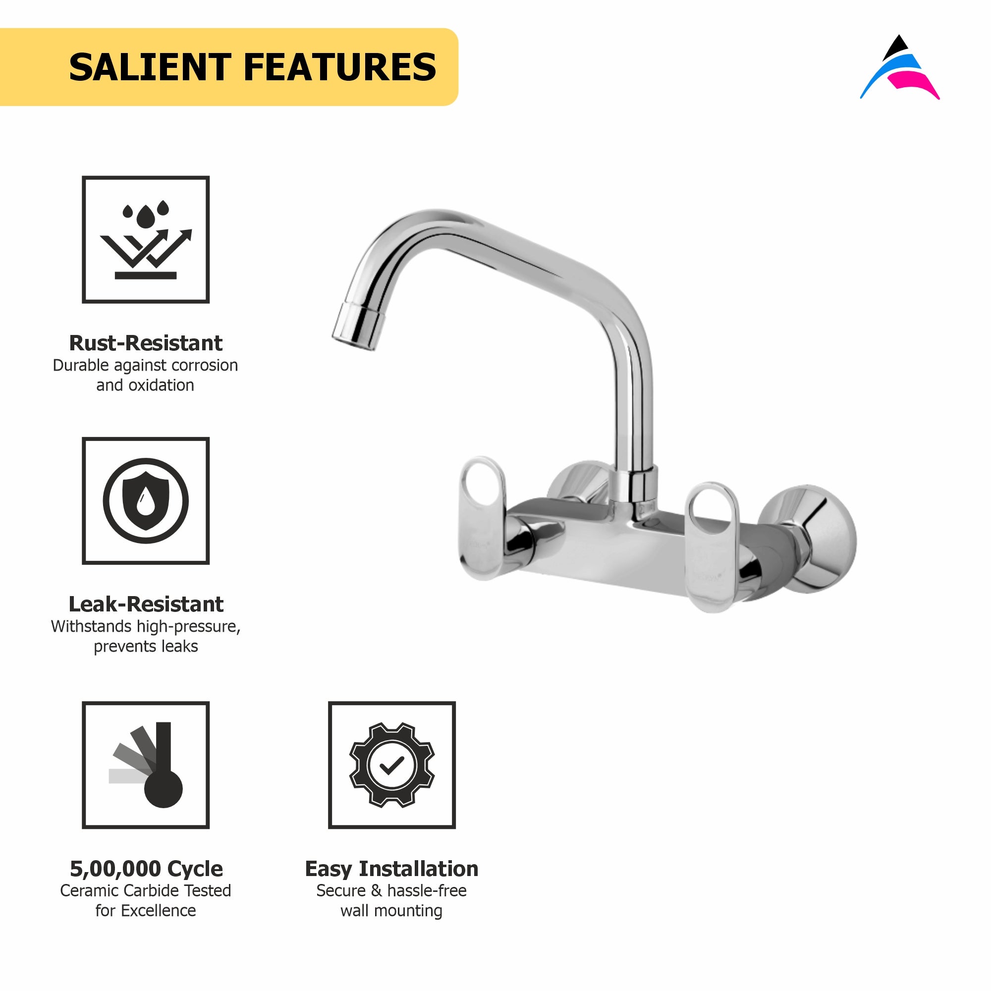 Asiatique Sink Mixer With Extended Swivel Spout Wall Mounted (OR-013EX), Ornamix Series Brass Faucets & Bath Fittings, Chrome Finish Premium Collection