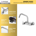 Asiatique Sink Mixer With Extended Swivel Spout Wall Mounted (OR-013EX), Ornamix Series Brass Faucets & Bath Fittings, Chrome Finish Premium Collection