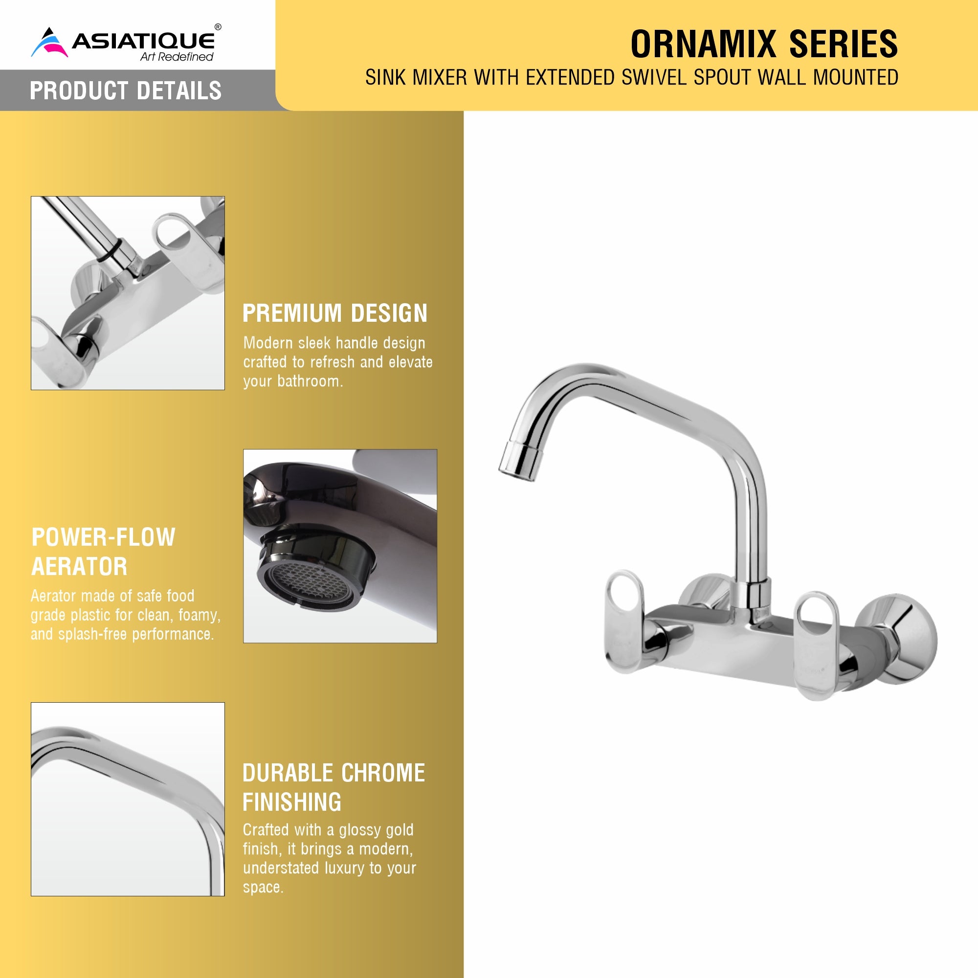 Asiatique Sink Mixer With Extended Swivel Spout Wall Mounted (OR-013EX), Ornamix Series Brass Faucets & Bath Fittings, Chrome Finish Premium Collection