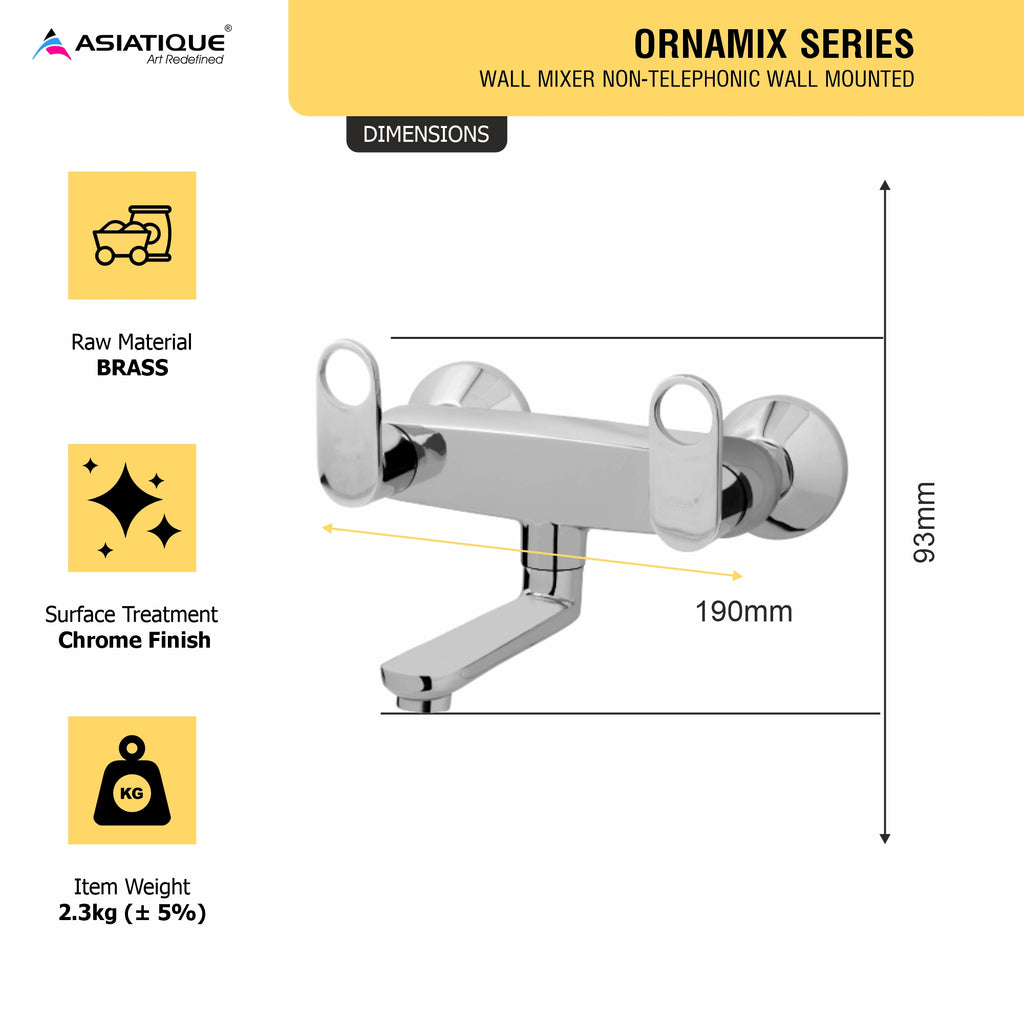 Asiatique Wall Mixer Non-Telephonic Wall Mounted (OR-014), Ornamix Series Brass Faucets & Bath Fittings, Chrome Finish Premium Collection