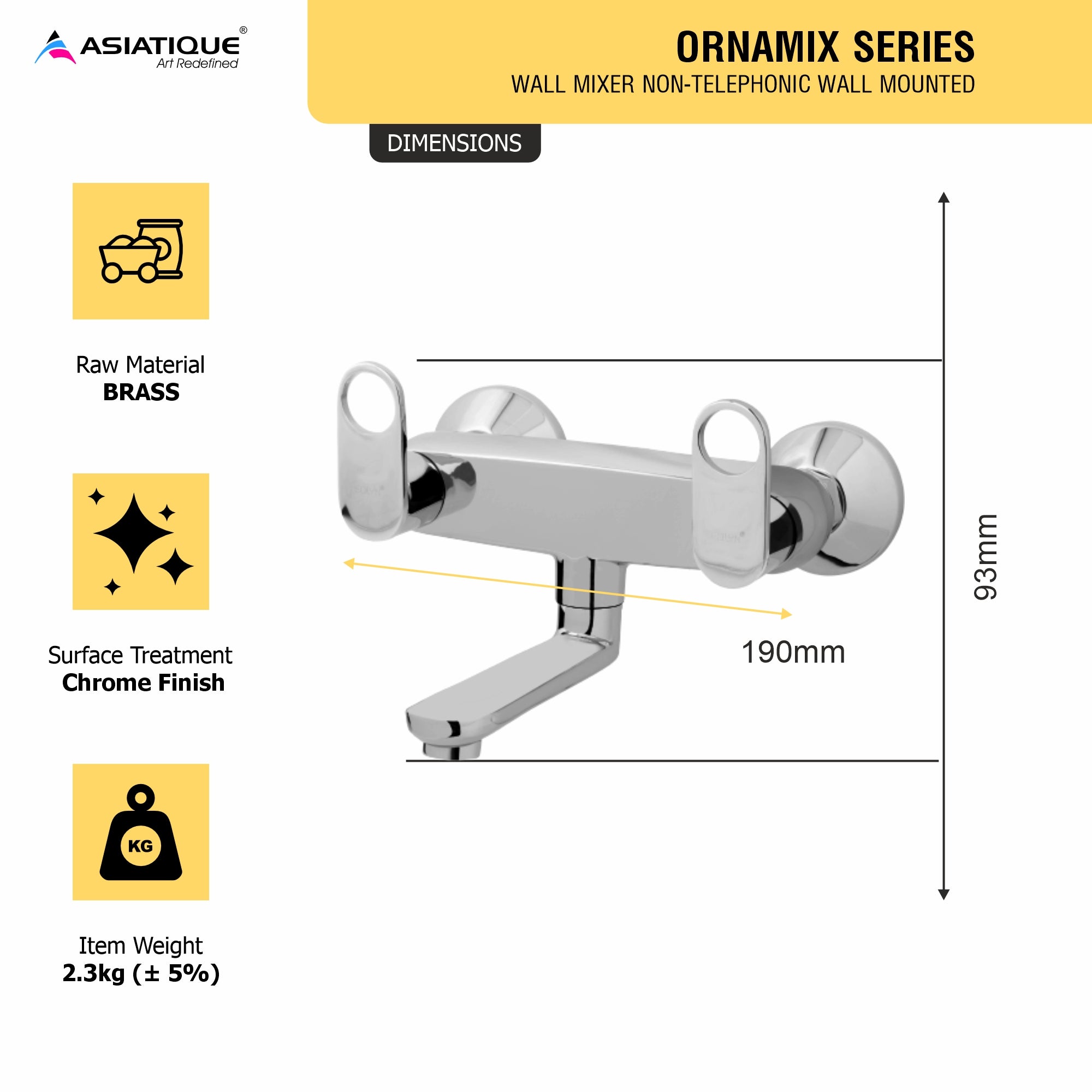 Asiatique Wall Mixer Non-Telephonic Wall Mounted (OR-014), Ornamix Series Brass Faucets & Bath Fittings, Chrome Finish Premium Collection