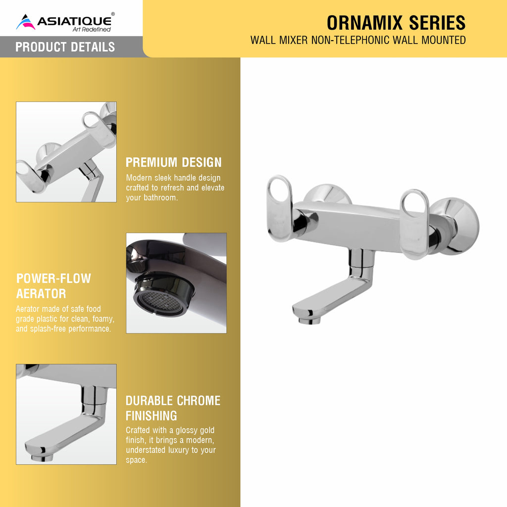 Asiatique Wall Mixer Non-Telephonic Wall Mounted (OR-014), Ornamix Series Brass Faucets & Bath Fittings, Chrome Finish Premium Collection