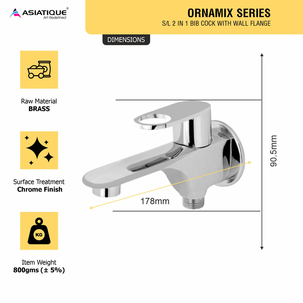 Asiatique S/L 2 in 1 Bib Cock With Wall Flange (OR-015SL), Ornamix Series Brass Faucets & Bath Fittings, Chrome Finish Premium Collection