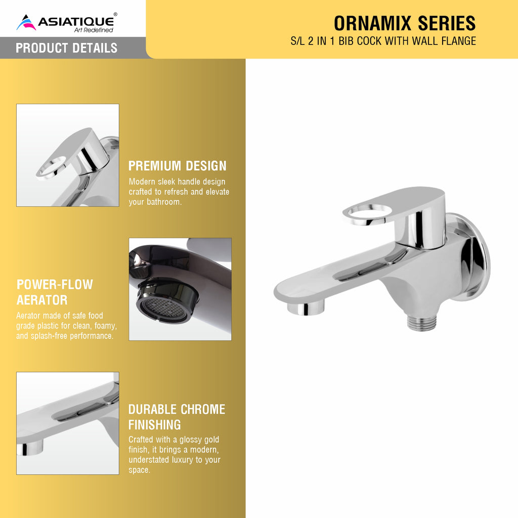 Asiatique S/L 2 in 1 Bib Cock With Wall Flange (OR-015SL), Ornamix Series Brass Faucets & Bath Fittings, Chrome Finish Premium Collection
