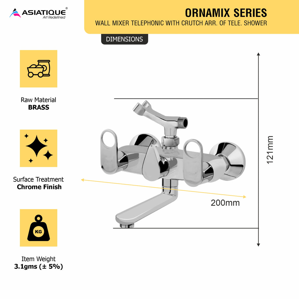 Asiatique Wall Mixer Telephonic With Crutch ARR. Of Tele. Shower (OR-016), Ornamix Series Brass Faucets & Bath Fittings, Chrome Finish Premium Collection