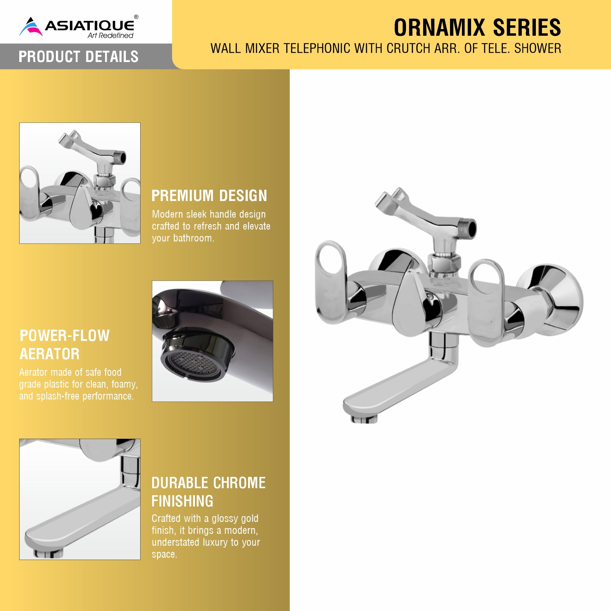 Asiatique Wall Mixer Telephonic With Crutch ARR. Of Tele. Shower (OR-016), Ornamix Series Brass Faucets & Bath Fittings, Chrome Finish Premium Collection