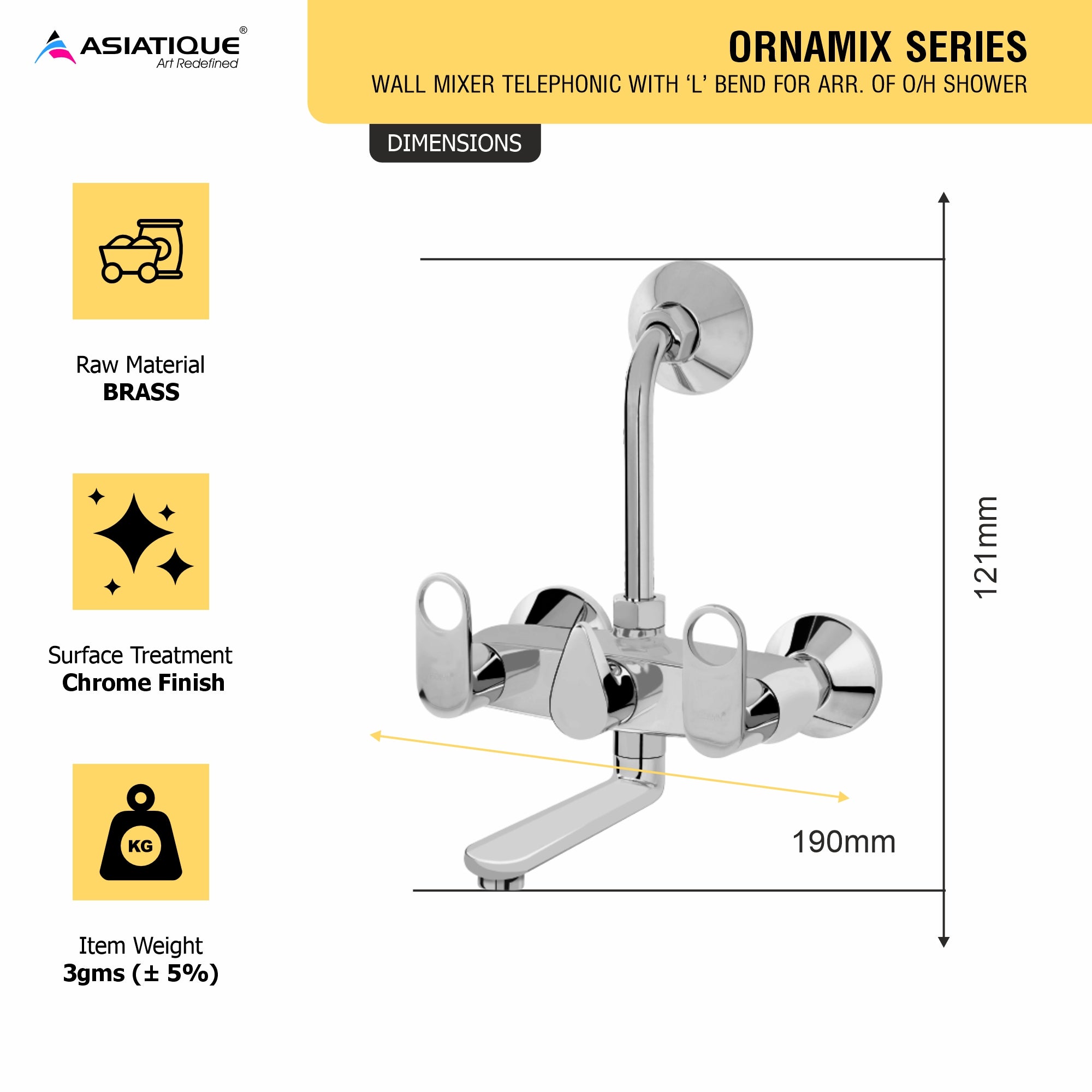 Asiatique Wall Mixer Telephonic With ‘L’ Bend for ARR. Of O/H Shower (OR-017), Ornamix Series Brass Faucets & Bath Fittings, Chrome Finish Premium Collection