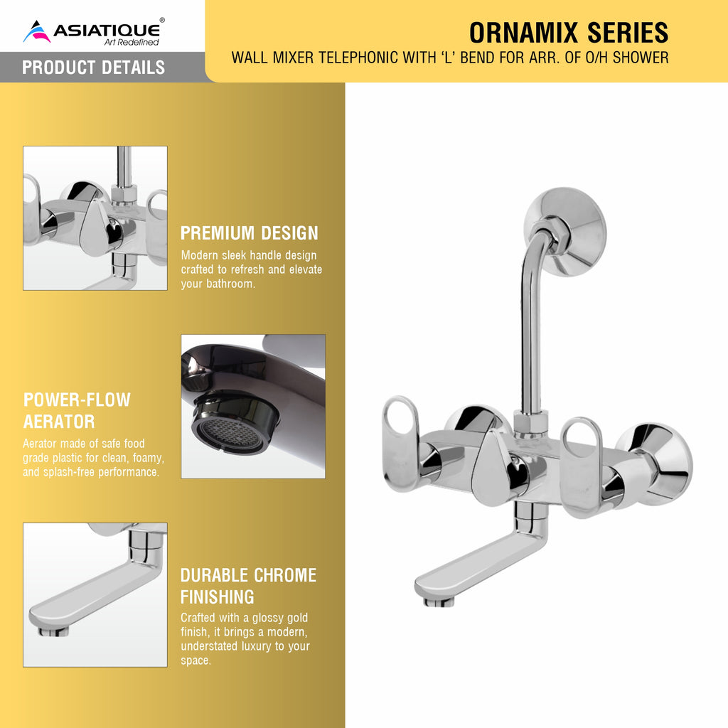 Asiatique Wall Mixer Telephonic With ‘L’ Bend for ARR. Of O/H Shower (OR-017), Ornamix Series Brass Faucets & Bath Fittings, Chrome Finish Premium Collection