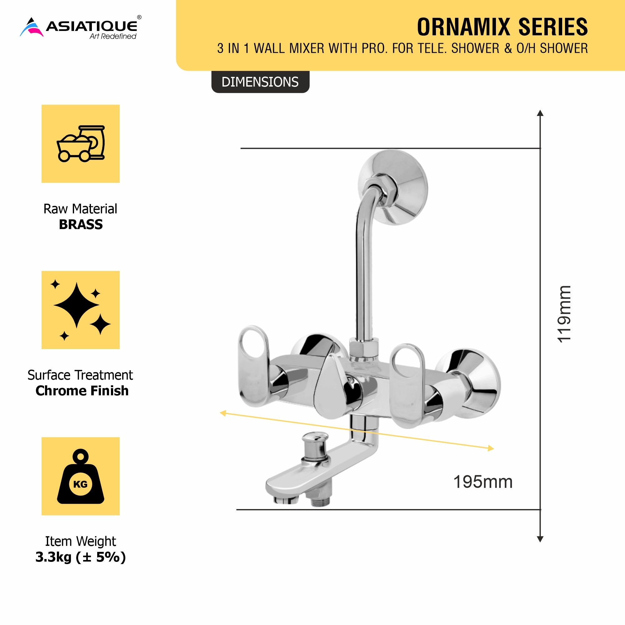 Asiatique 3 in 1 Wall Mixer With Pro. For Tele. Shower & O/H Shower (OR-018), Ornamix Series Brass Faucets & Bath Fittings, Chrome Finish Premium Collection