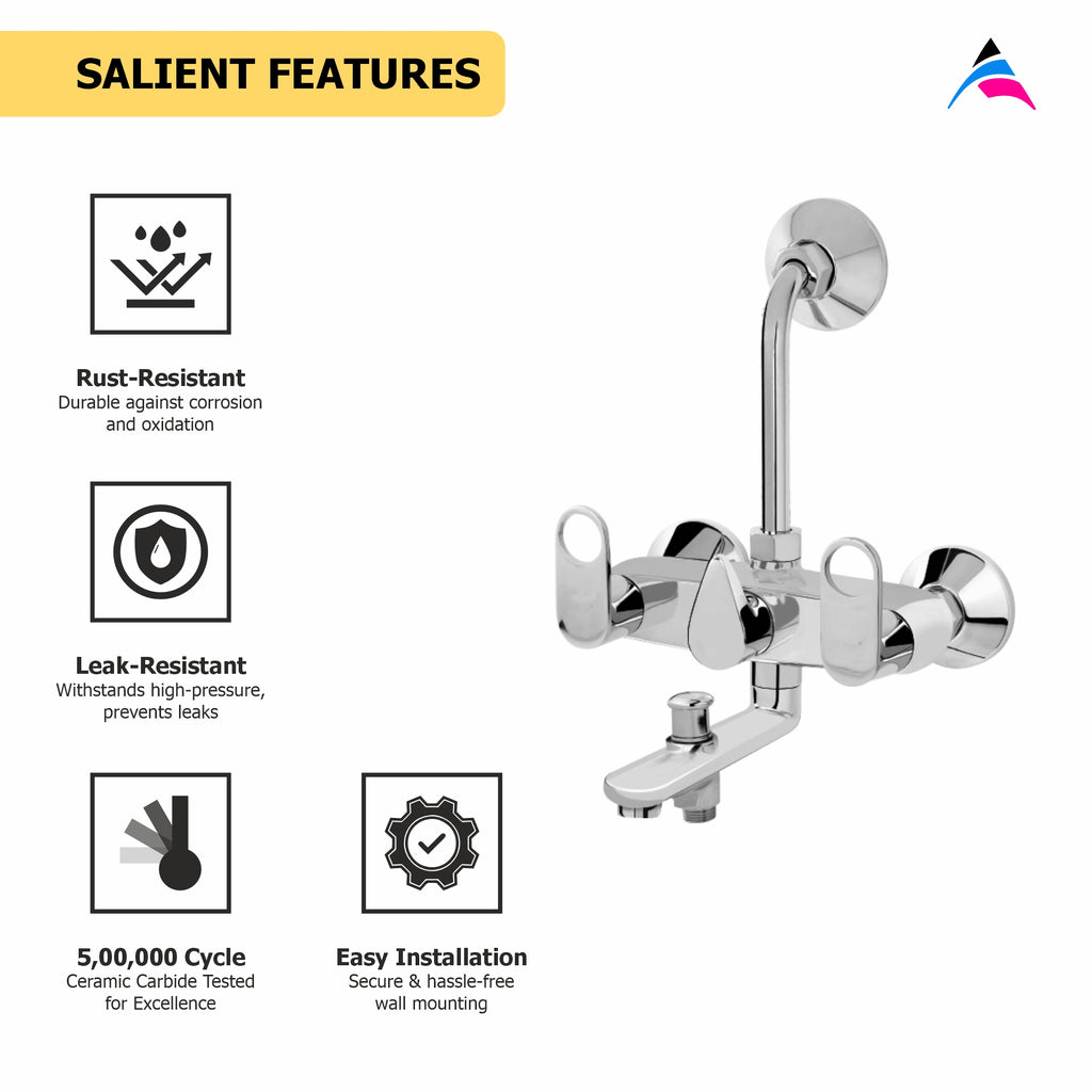 Asiatique 3 in 1 Wall Mixer With Pro. For Tele. Shower & O/H Shower (OR-018), Ornamix Series Brass Faucets & Bath Fittings, Chrome Finish Premium Collection