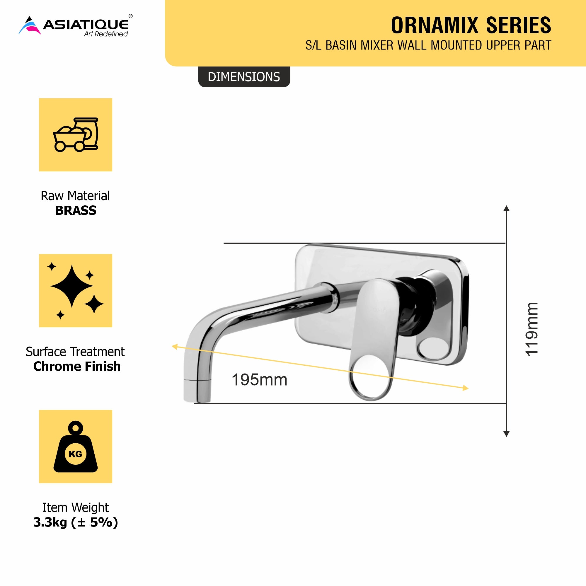 Asiatique S/L Basin Mixer Wall Mounted Upper Part (OR-019U), Ornamix Series Brass Faucets & Bath Fittings, Chrome Finish Premium Collection