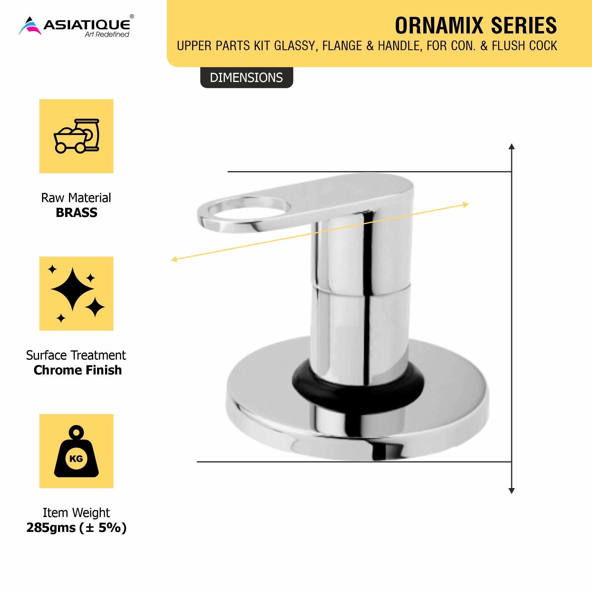 Asiatique Upper parts Kit Glassy, Flange & handle For Con. & Flush Cock (OR-021U), Ornamix Series Brass Faucets & Bath Fittings, Chrome Finish Premium Collection