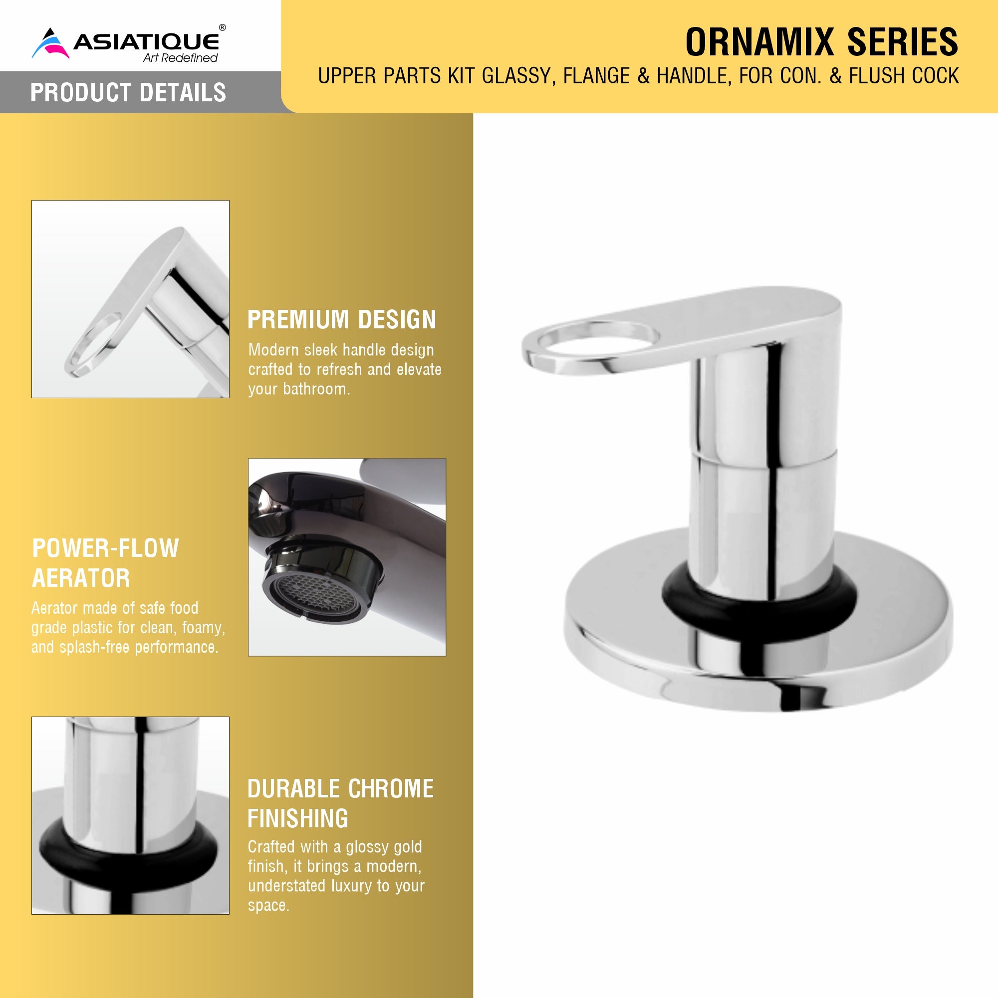 Asiatique Upper parts Kit Glassy, Flange & handle For Con. & Flush Cock (OR-021U), Ornamix Series Brass Faucets & Bath Fittings, Chrome Finish Premium Collection