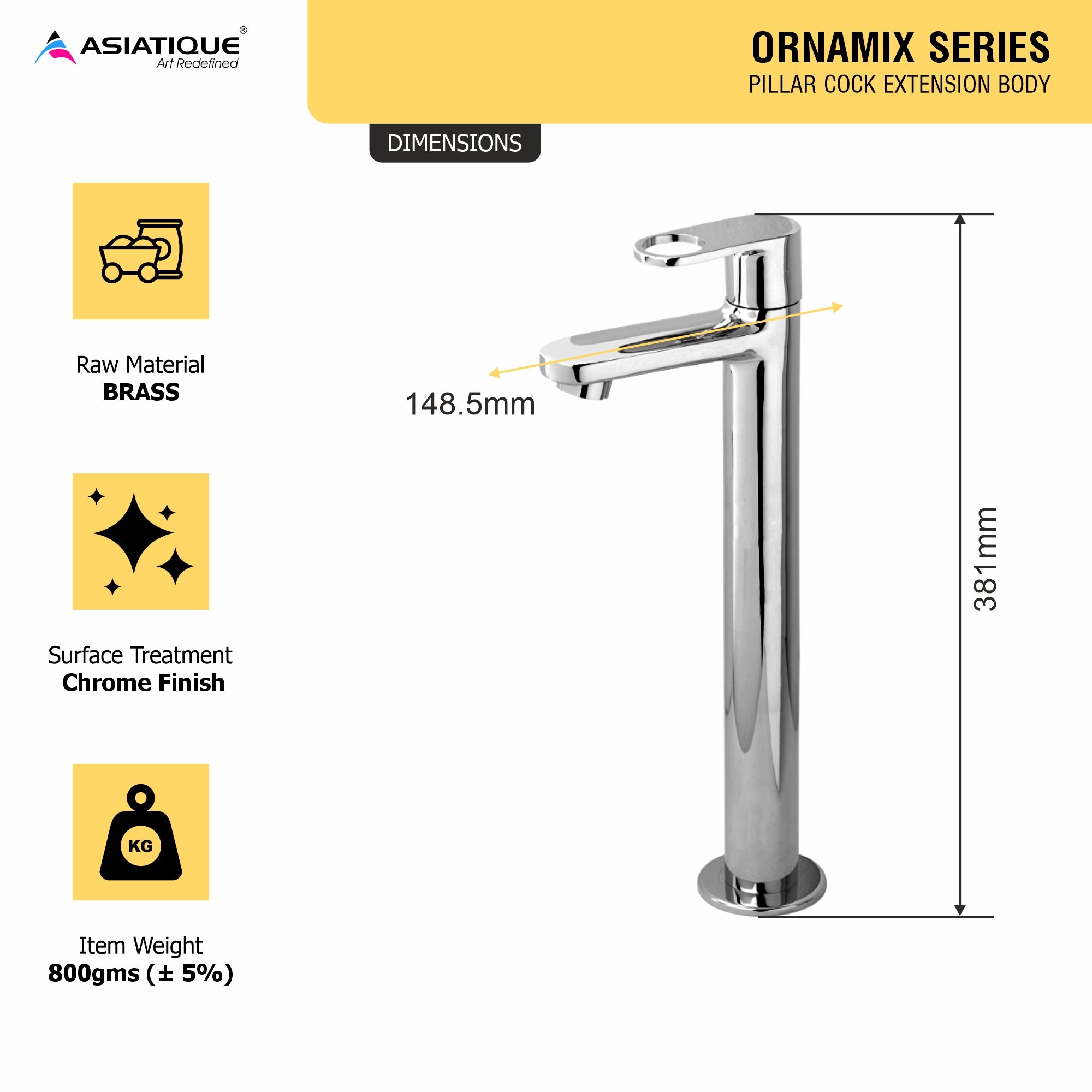 Asiatique Pillar Cock Extension Body (OR-023), Ornamix Series Brass Faucets & Bath Fittings, Chrome Finish Premium Collection