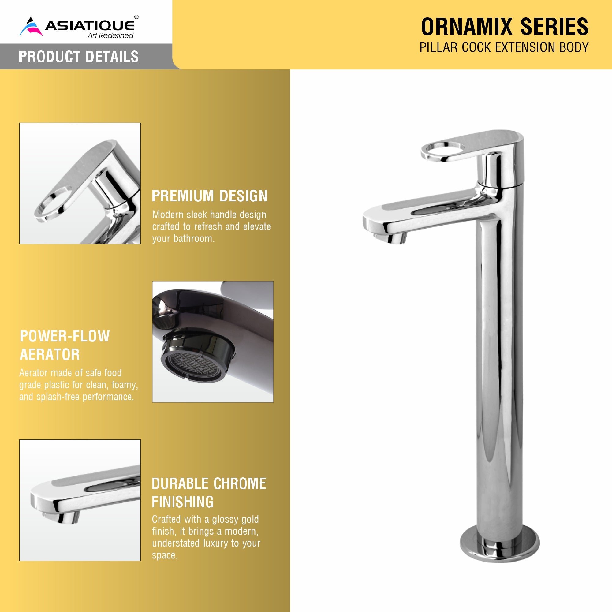 Asiatique Pillar Cock Extension Body (OR-023), Ornamix Series Brass Faucets & Bath Fittings, Chrome Finish Premium Collection
