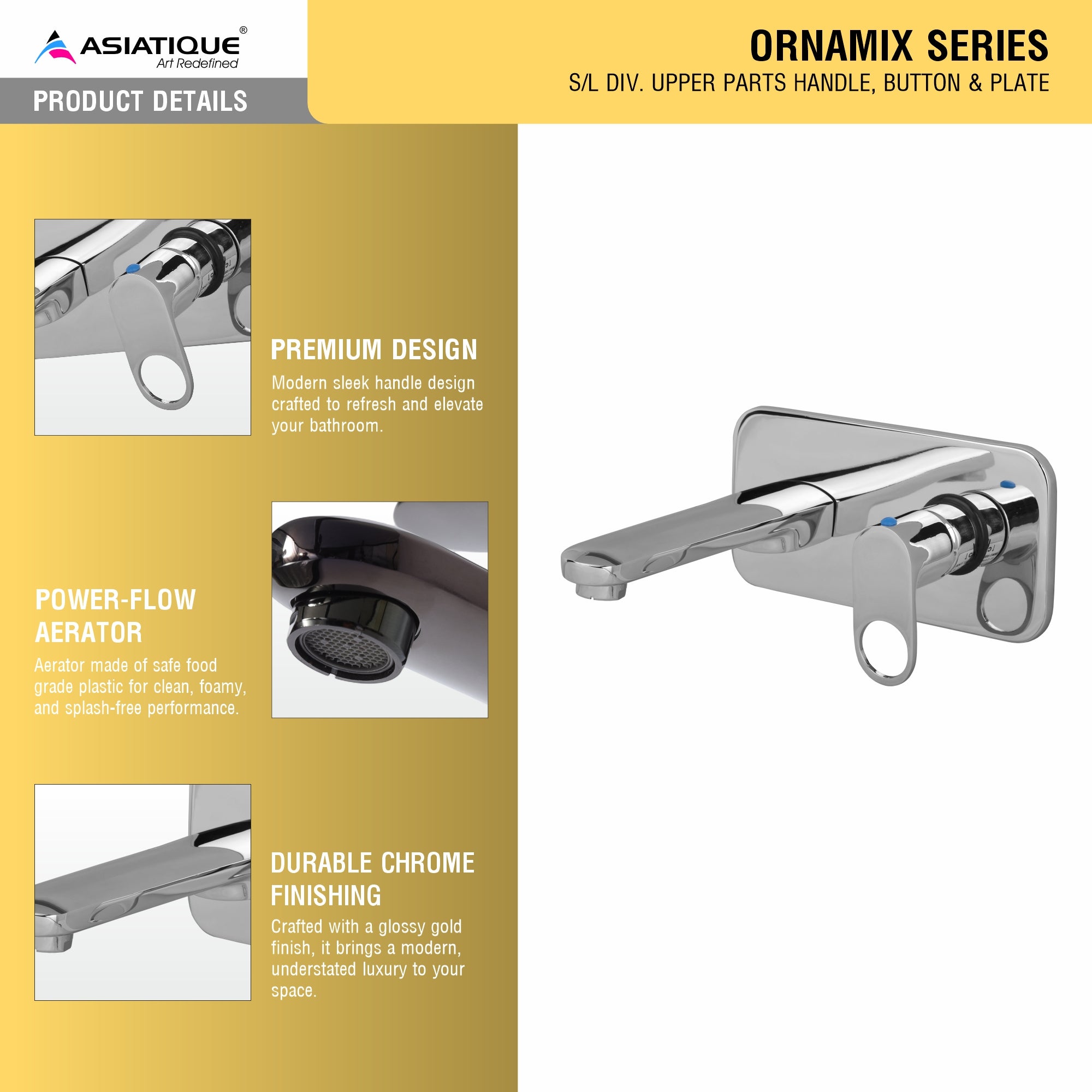 Asiatique Single Concealed Wall Mounted Upper Part (OR-028U), Ornamix Series Brass Faucets & Bath Fittings, Chrome Finish Premium Collection