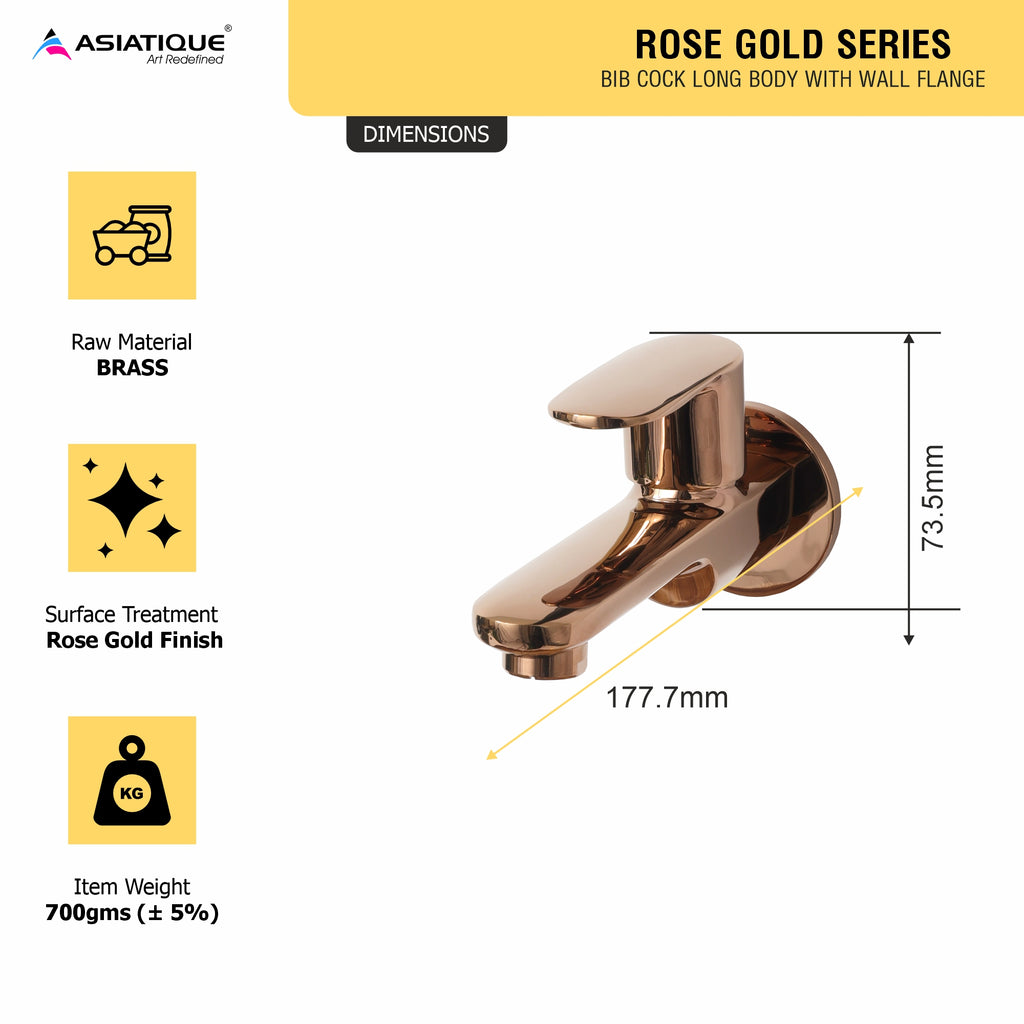 Asiatique Bib Cock Long Body With Wall Flange (ORG-004) | Premium Brass Rose Gold Bathroom Faucets Series