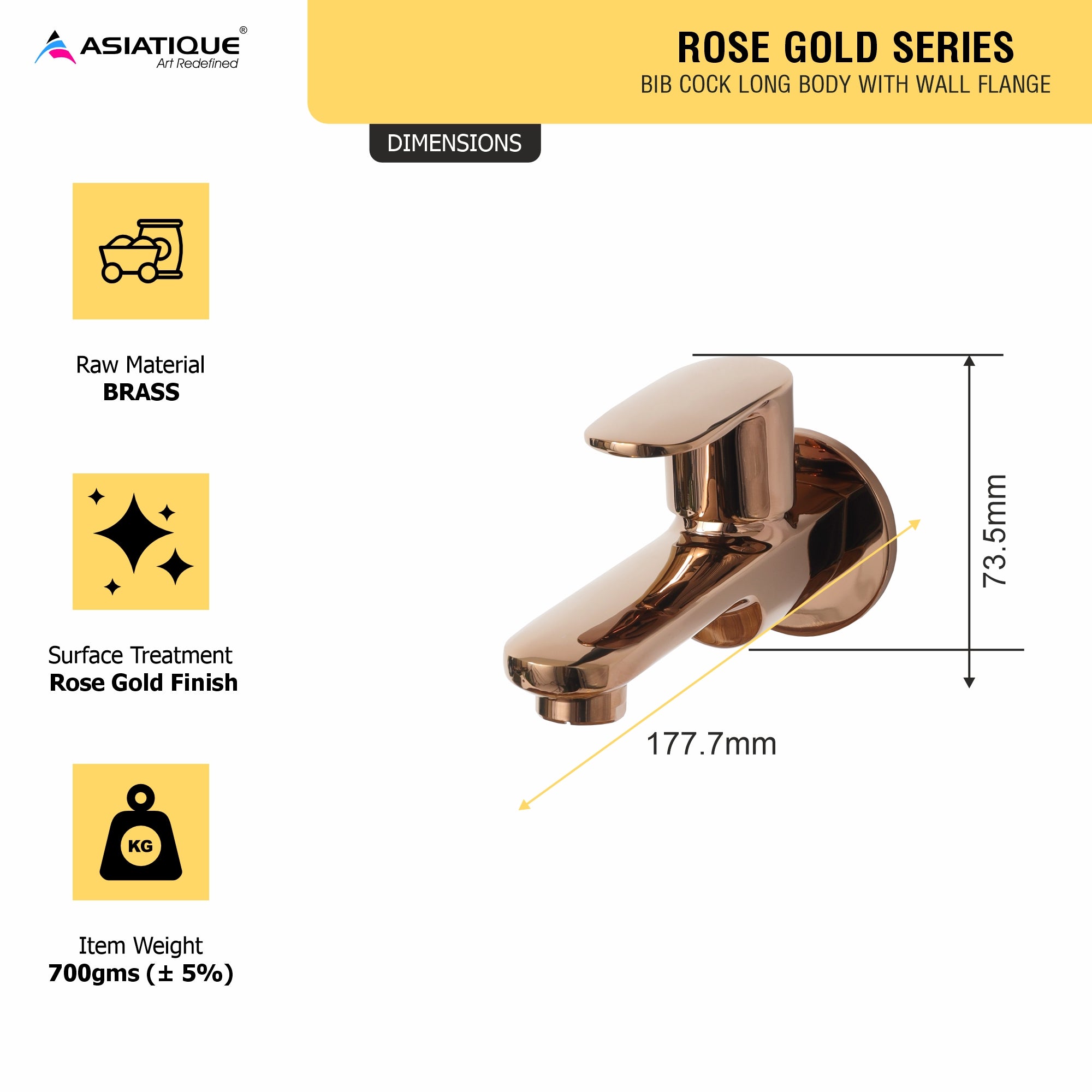 Asiatique Bib Cock Long Body With Wall Flange (ORG-004) | Premium Brass Rose Gold Bathroom Faucets Series