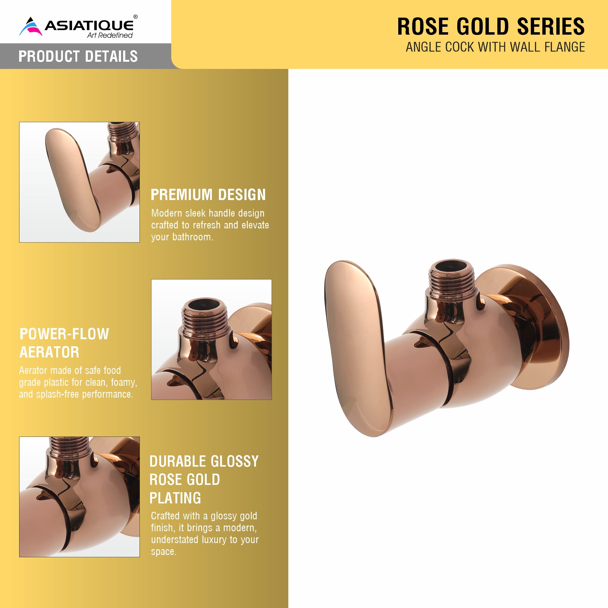 Asiatique Angle Cock With Wall Flange (ORG-005) | Premium Brass Rose Gold Bathroom Faucets Series