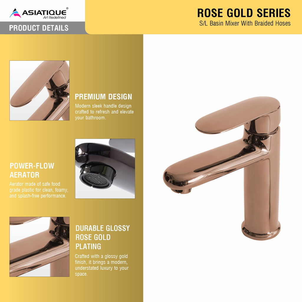 Asiatique S/L Basin Mixer With Braided Hoses (ORG-009) | Premium Brass Rose Gold Bathroom Faucets Series