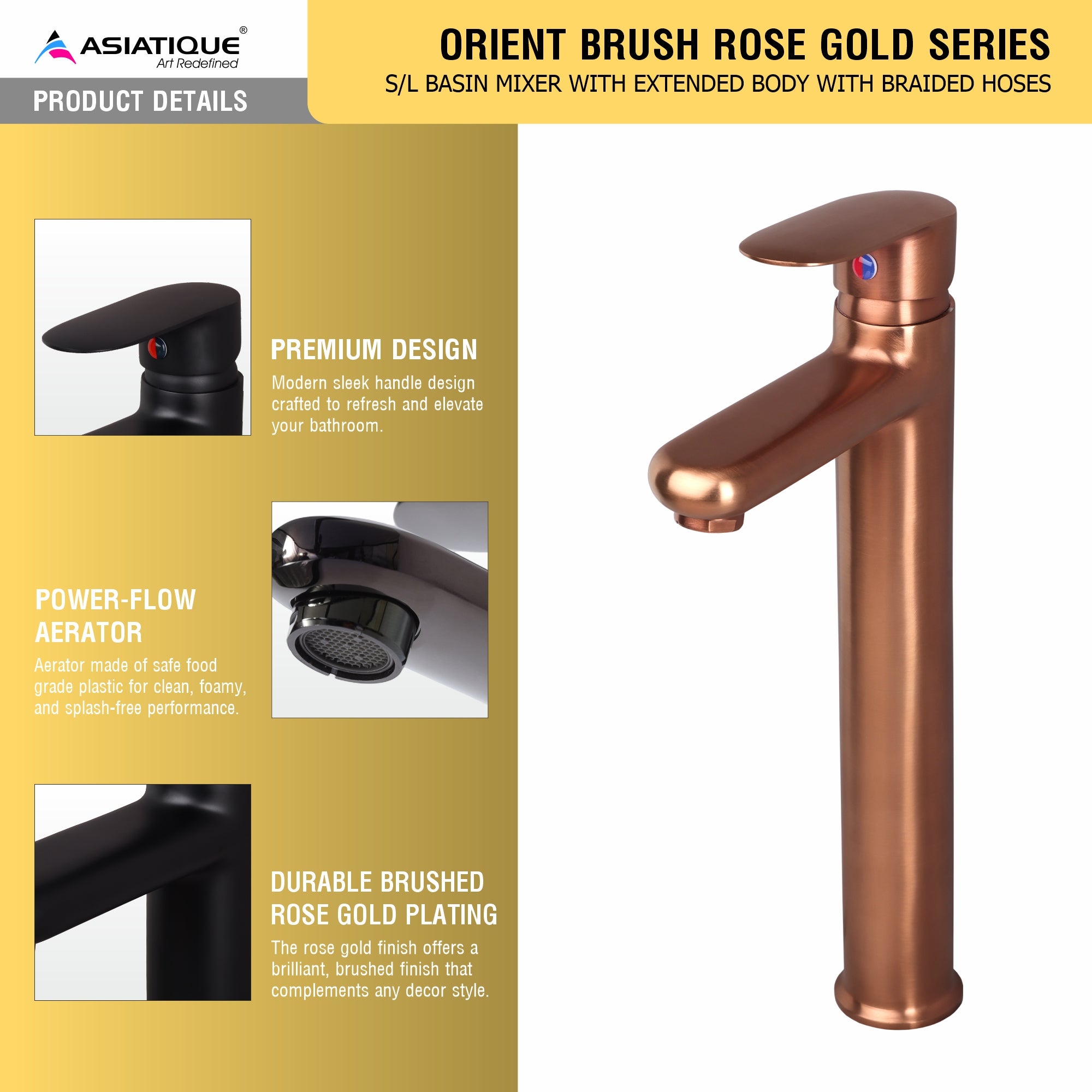 Asiatique S/L Basin Mixer With Extended Body With Braided Hoses - (ORG-009EX M) | Orient Brush Rose Gold Series Faucet (Tap)