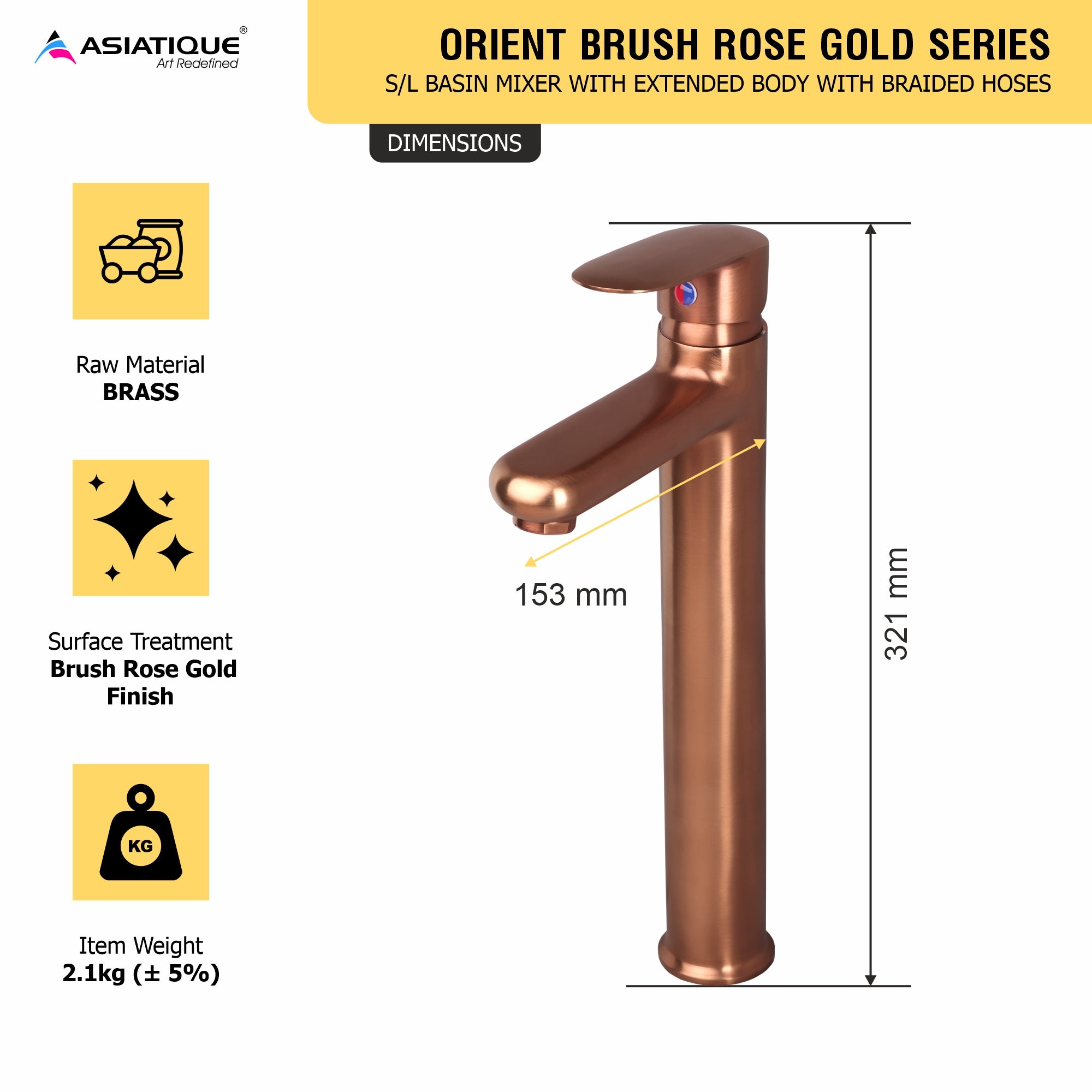Asiatique S/L Basin Mixer With Extended Body With Braided Hoses - (ORG-009EX M) | Orient Brush Rose Gold Series Faucet (Tap)