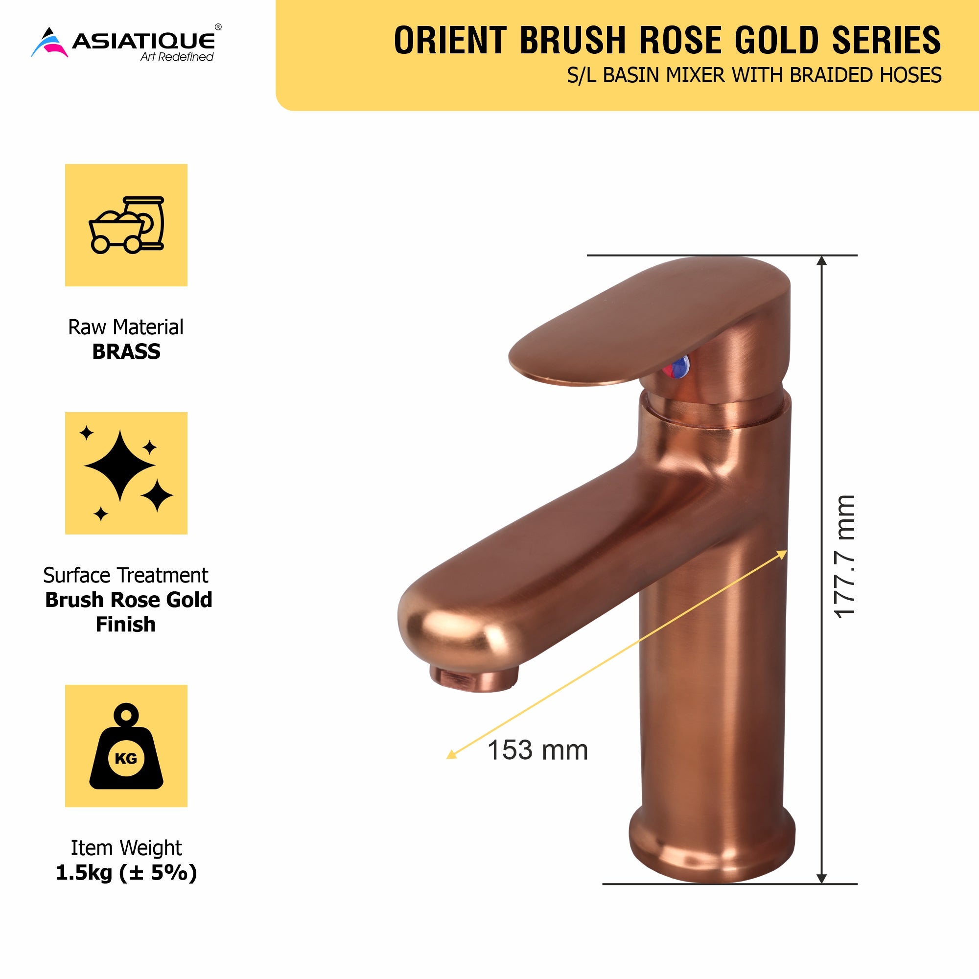 Asiatique S/L Basin Mixer With Braided Hoses - (ORG-009 M) | Orient Brush Rose Gold Series Faucet (Tap)