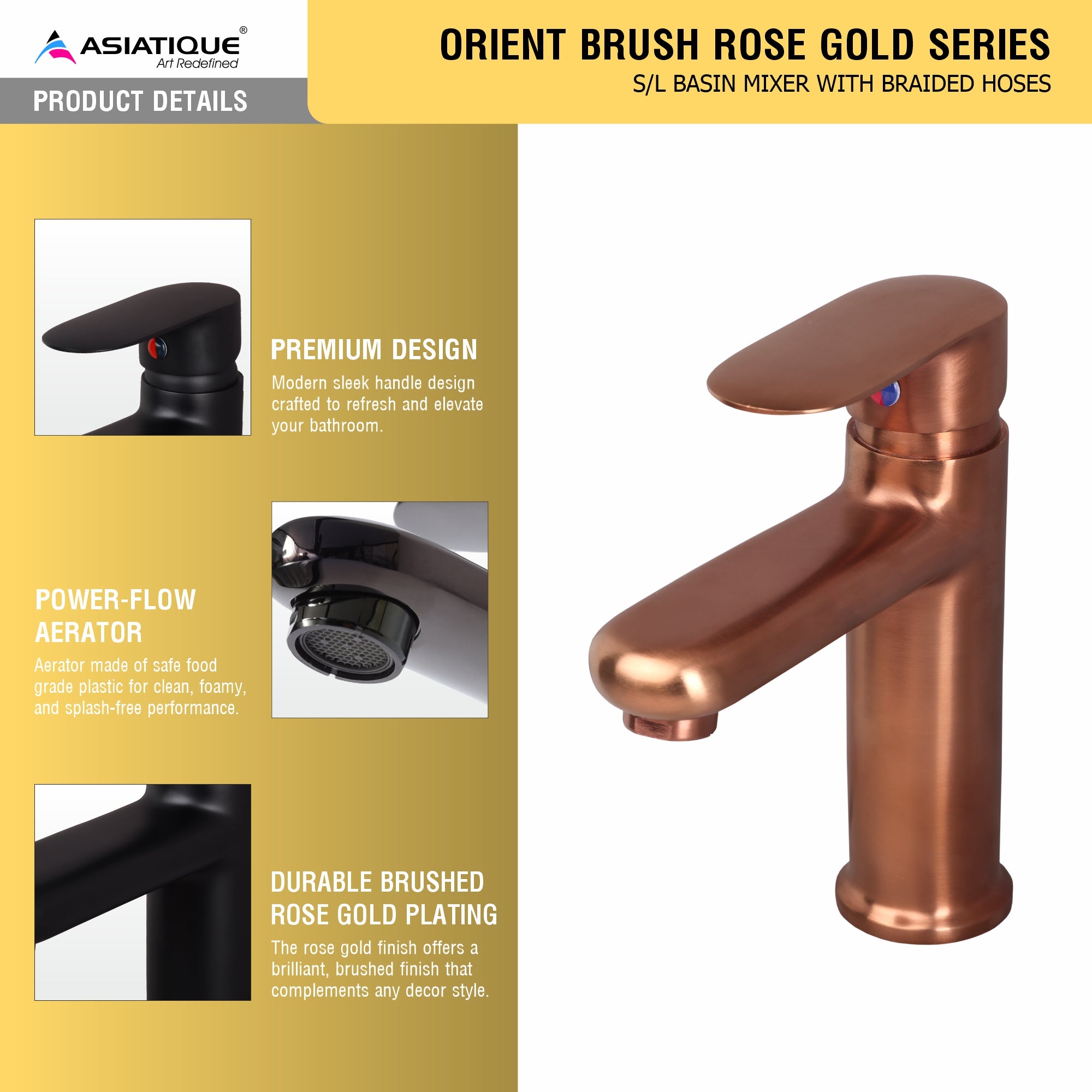 Asiatique S/L Basin Mixer With Braided Hoses - (ORG-009 M) | Orient Brush Rose Gold Series Faucet (Tap)