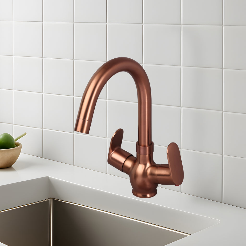 Asiatique C/H Basin Mixer With Swivel ‘J’ Spout - (ORG-011 M) | Orient Brush Rose Gold Series Faucet (Tap)