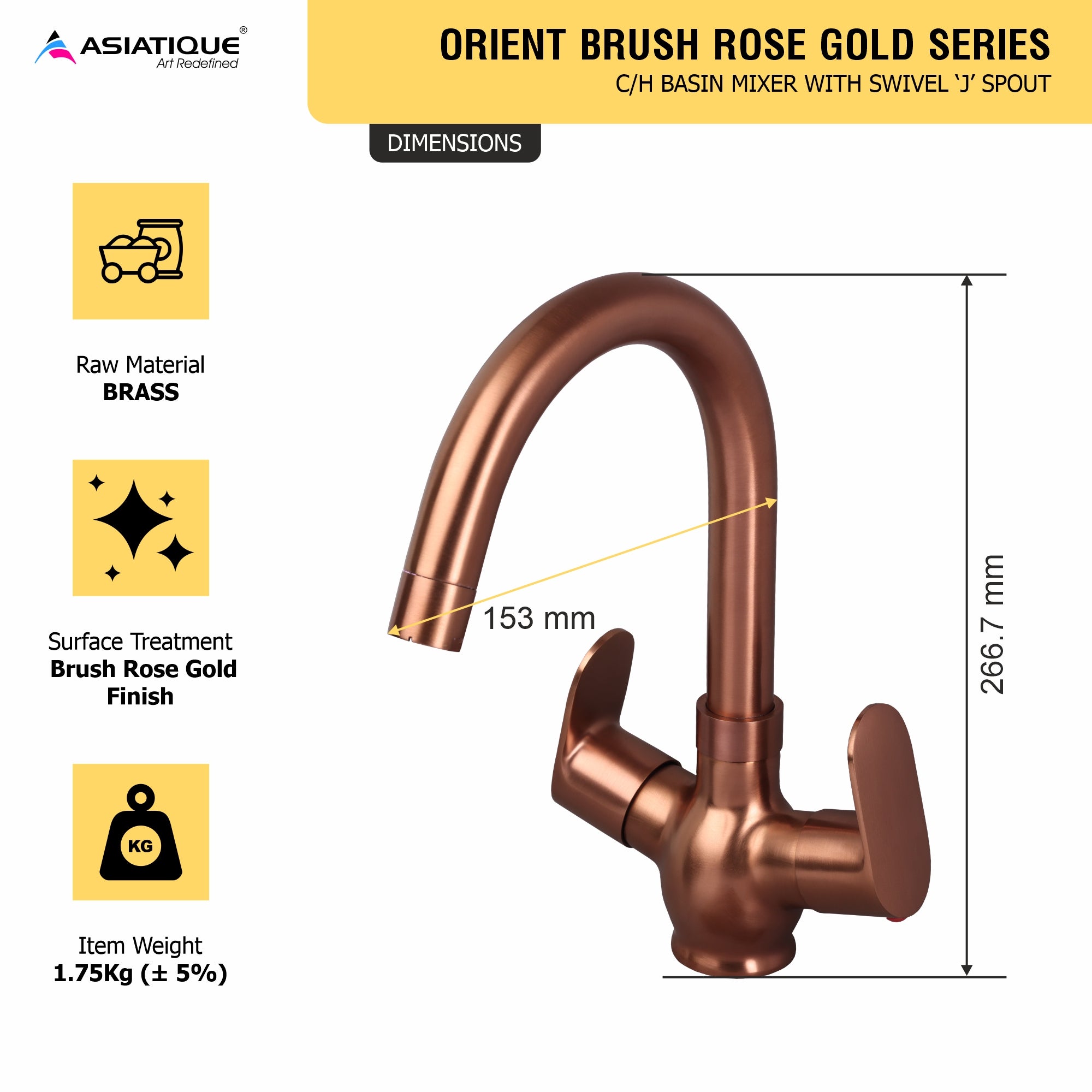 Asiatique C/H Basin Mixer With Swivel ‘J’ Spout - (ORG-011 M) | Orient Brush Rose Gold Series Faucet (Tap)