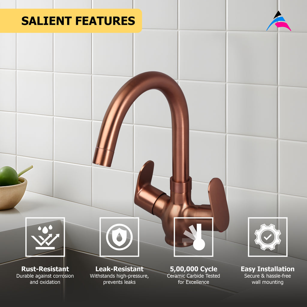 Asiatique C/H Basin Mixer With Swivel ‘J’ Spout - (ORG-011 M) | Orient Brush Rose Gold Series Faucet (Tap)