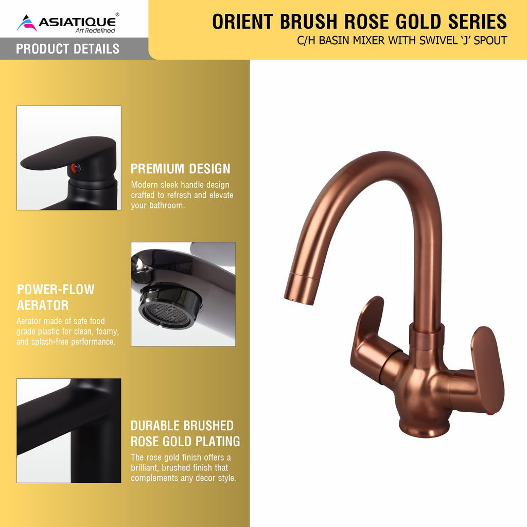 Asiatique C/H Basin Mixer With Swivel ‘J’ Spout - (ORG-011 M) | Orient Brush Rose Gold Series Faucet (Tap)