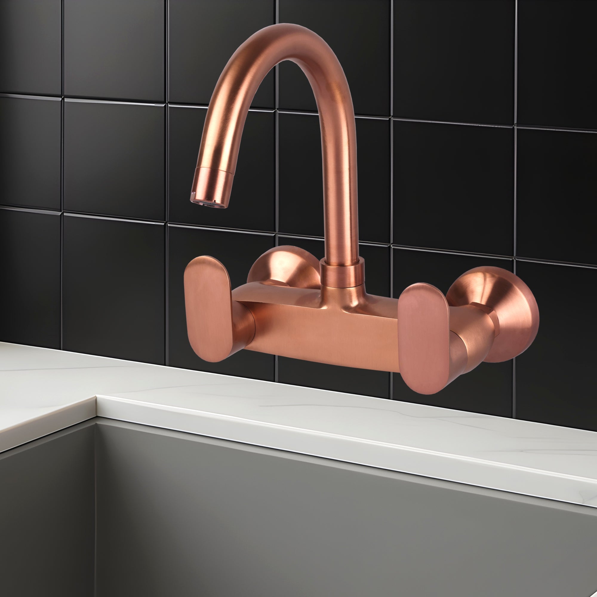 Asiatique Sink Mixer With Swivel ‘J’ Spout Wall Mounted - (ORG-013 M) | Orient Brush Rose Gold Series Faucet (Tap)