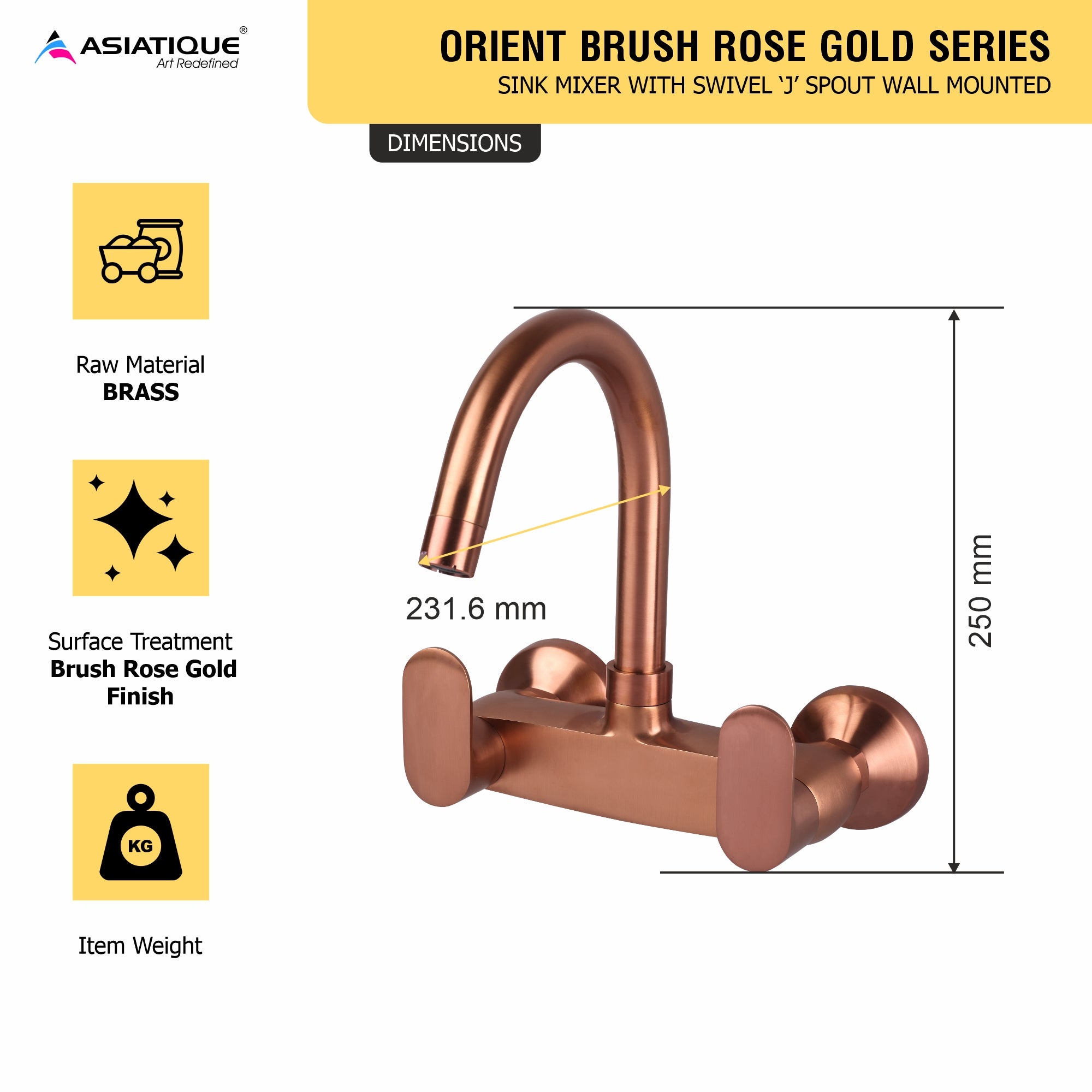 Asiatique Sink Mixer With Swivel ‘J’ Spout Wall Mounted - (ORG-013 M) | Orient Brush Rose Gold Series Faucet (Tap)