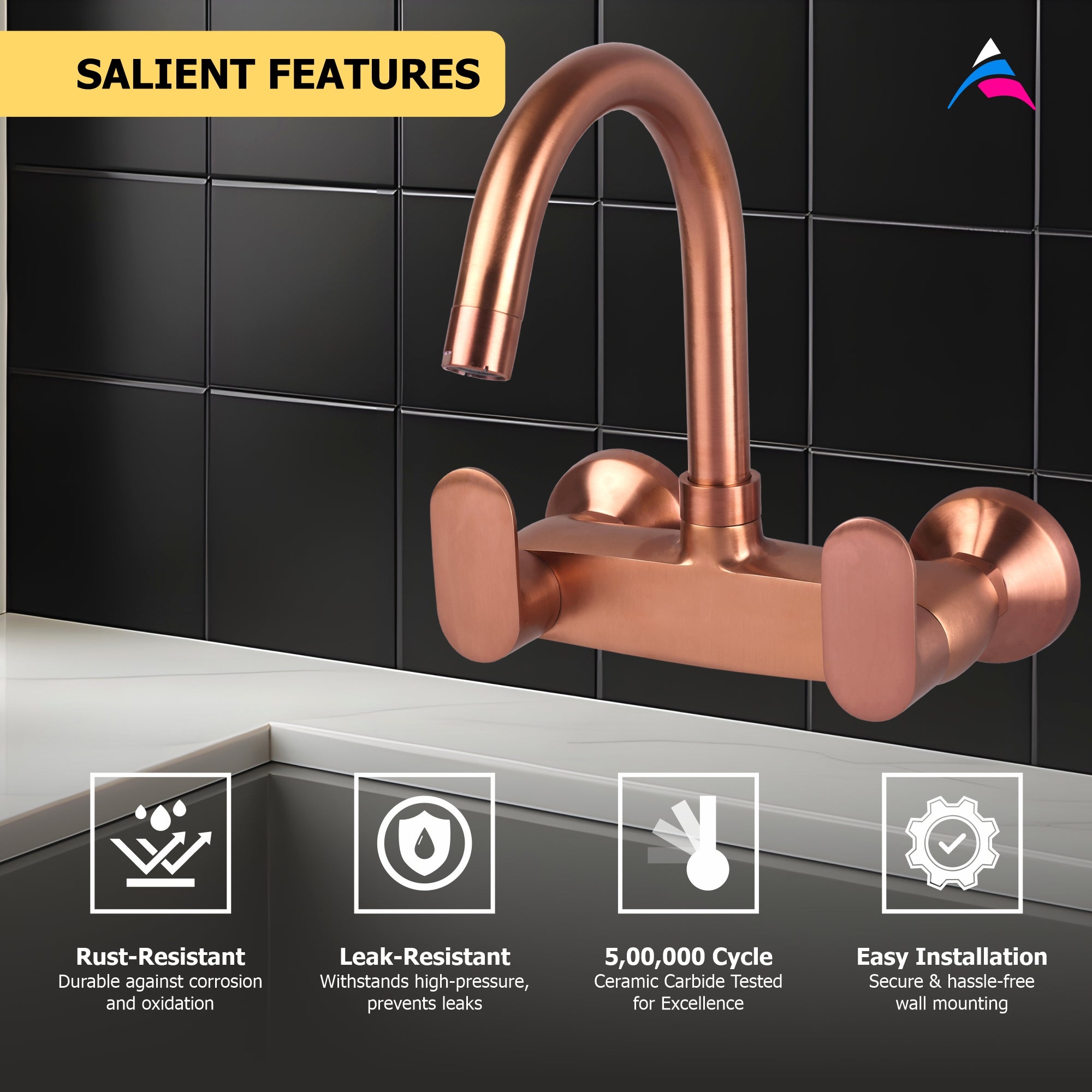 Asiatique Sink Mixer With Swivel ‘J’ Spout Wall Mounted - (ORG-013 M) | Orient Brush Rose Gold Series Faucet (Tap)