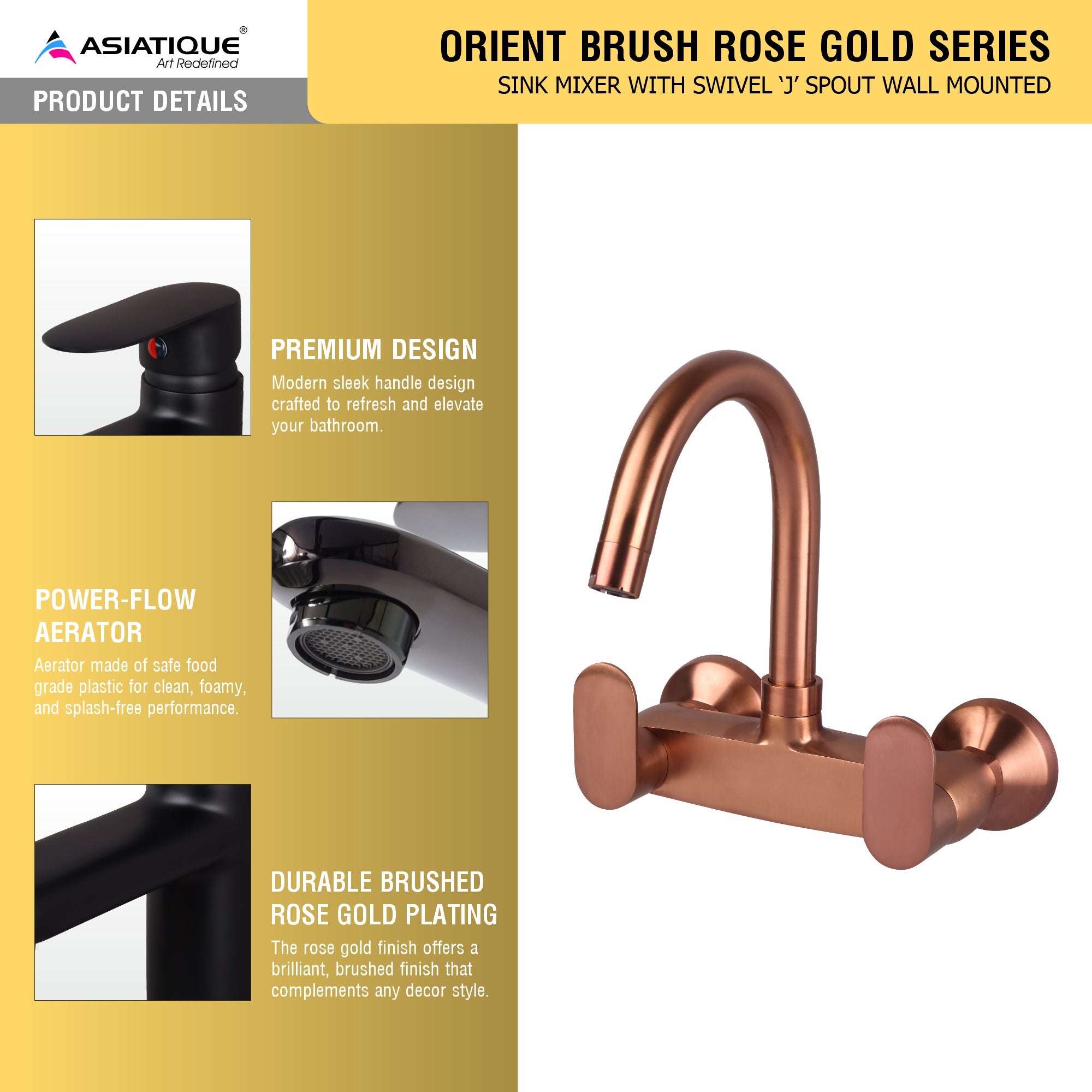 Asiatique Sink Mixer With Swivel ‘J’ Spout Wall Mounted - (ORG-013 M) | Orient Brush Rose Gold Series Faucet (Tap)