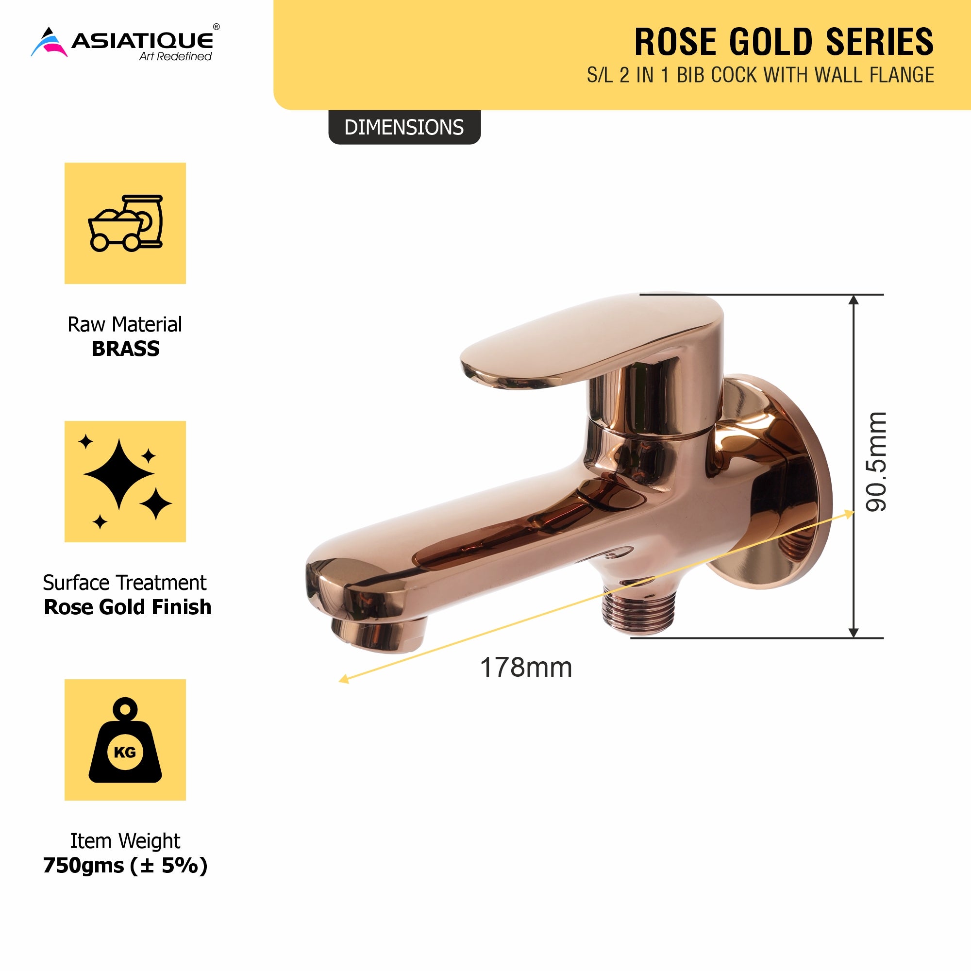 Asiatique S/L 2 in 1 Bib Cock With Wall Flange (ORG-15 S/L) | Premium Brass Rose Gold Bathroom Faucets Series