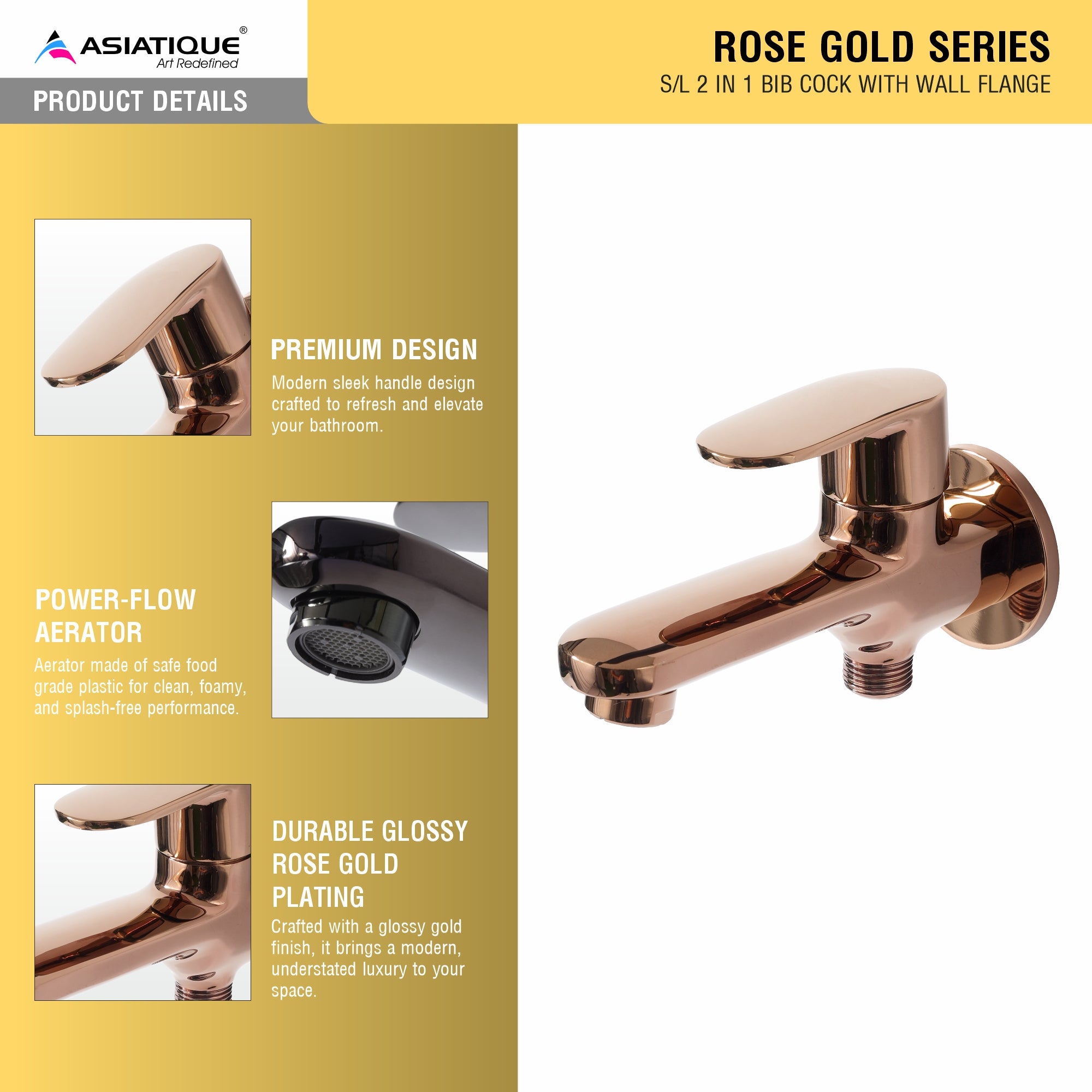 Asiatique S/L 2 in 1 Bib Cock With Wall Flange (ORG-15 S/L) | Premium Brass Rose Gold Bathroom Faucets Series