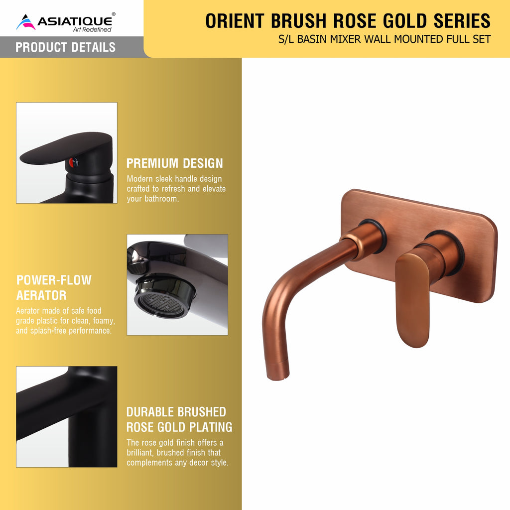 Asiatique S/L Basin Mixer Wall Mounted Full Set - (ORG-019 M) | Orient Brush Rose Gold Series Faucet (Tap)