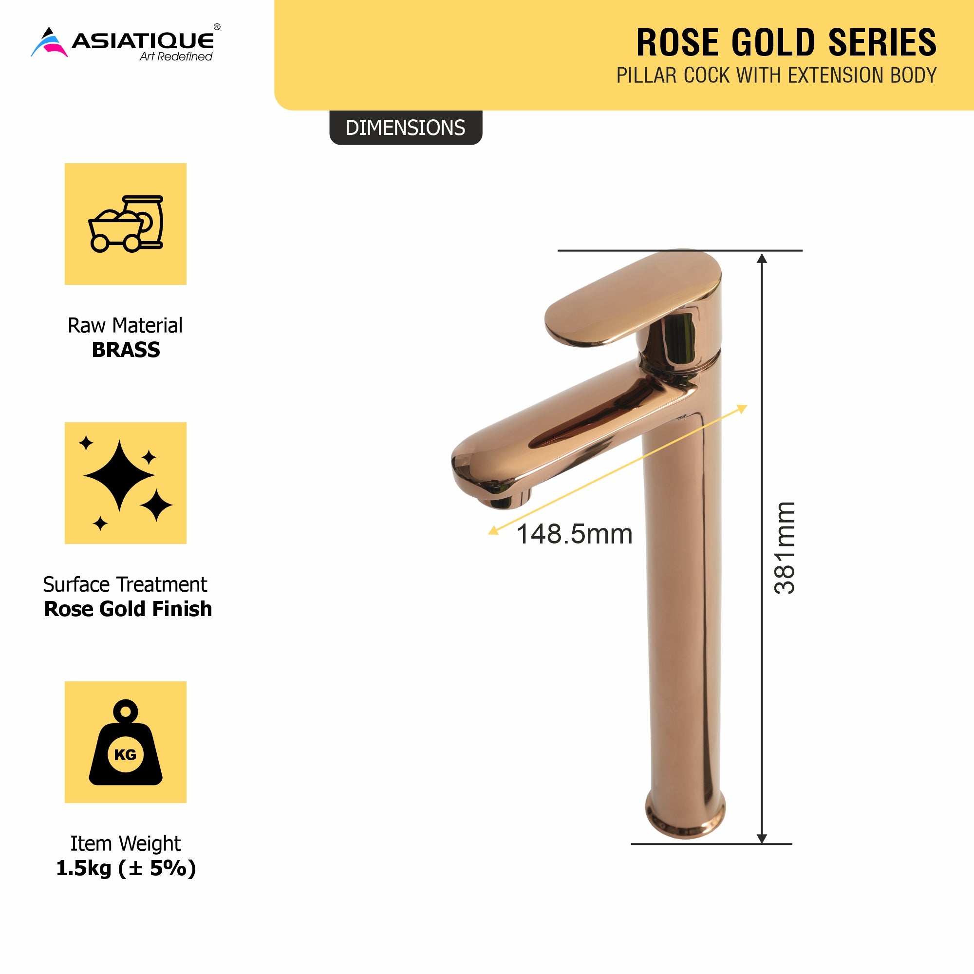 Asiatique Pillar Cock With Extension Body (ORG-023) | Premium Brass Rose Gold Bathroom Faucets Series