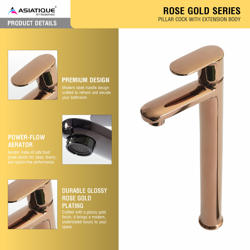Asiatique Pillar Cock With Extension Body (ORG-023) | Premium Brass Rose Gold Bathroom Faucets Series