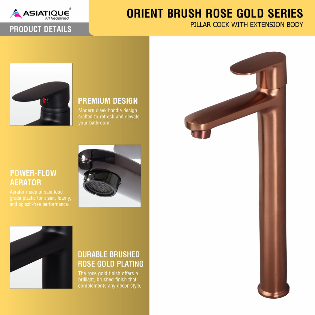 Asiatique Pillar Cock With Extension Body - (ORG-023 M) | Orient Brush Rose Gold Series Faucet (Tap)