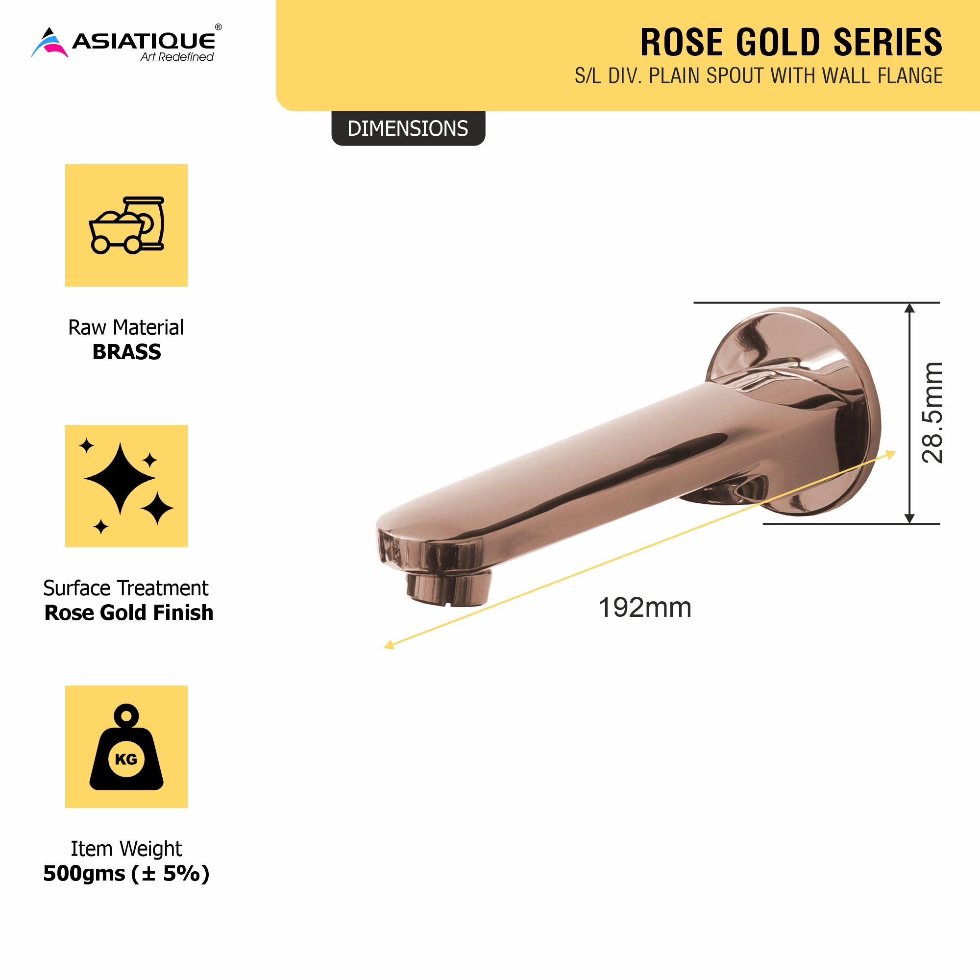 Asiatique S/L Div. Plain Spout With Wall Flange (ORG-025) | Premium Brass Rose Gold Bathroom Faucets Series
